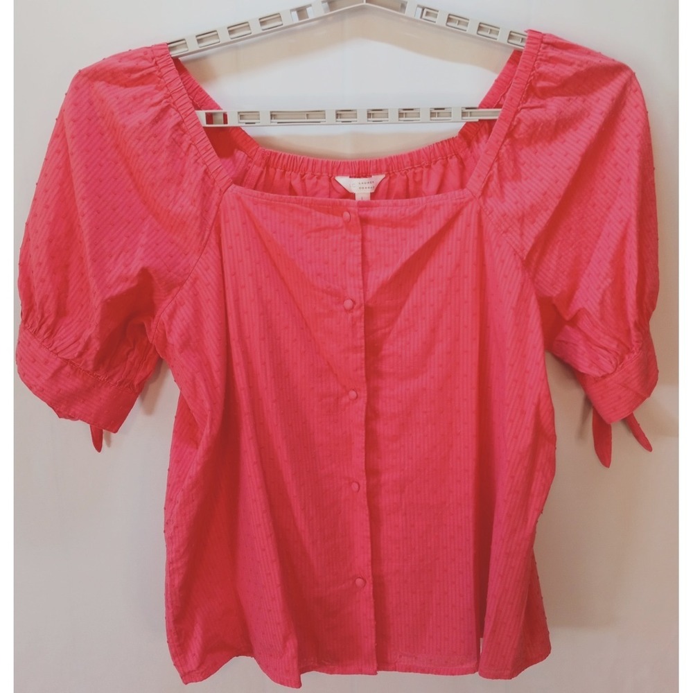 Lauren Conrad Button Front Swiss Dot Women's‎ Top, Large, Tie Cuff Sleeve, New